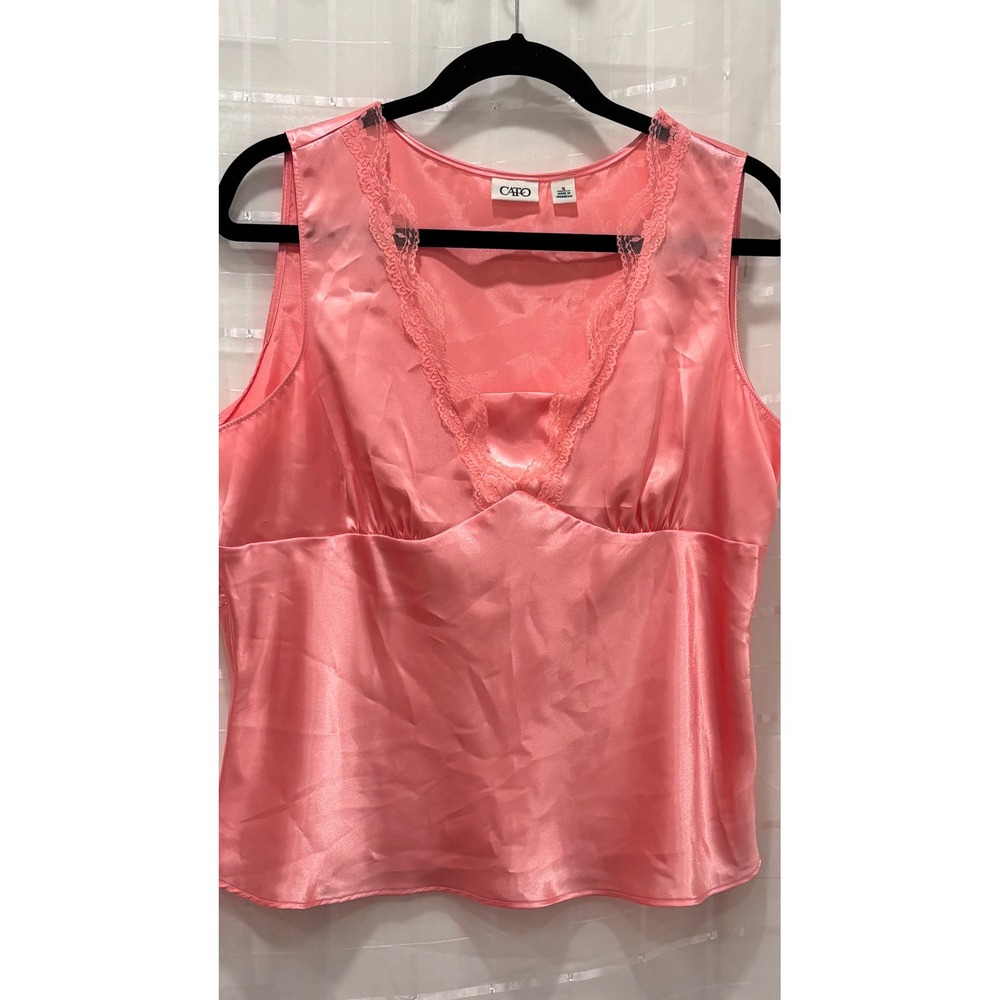 Cato Coral Pink Satin Lace Trim V-Neck Peplum Tank Top Blouse Size 16
